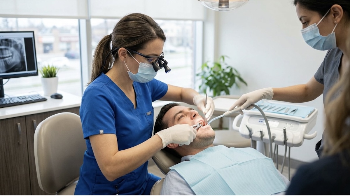 A dentist extraction a tooth from a patient's mouth.