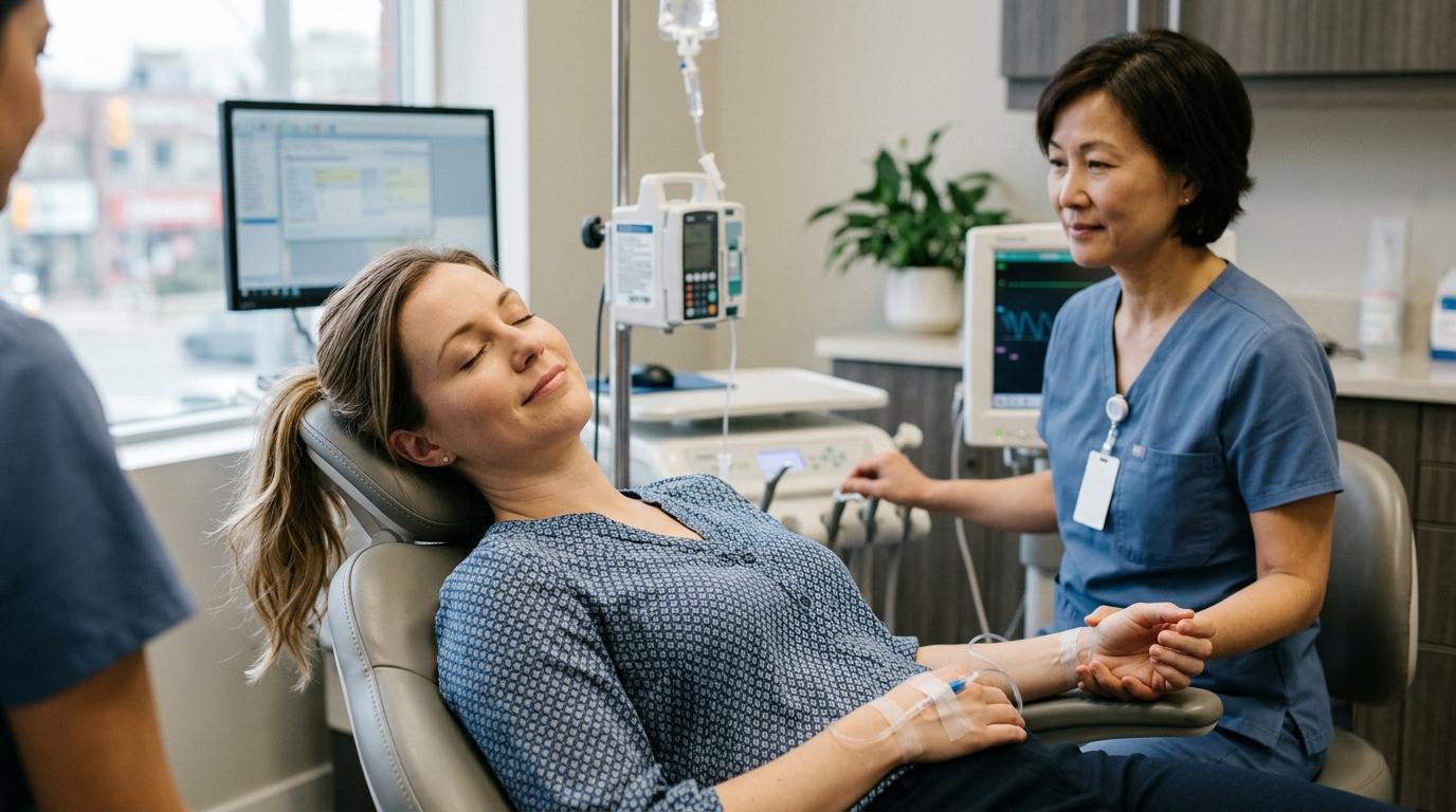An adult patient in a dental chair receiving IV sedation from a dentist at a Markham dental clinic.