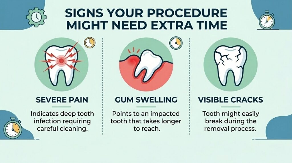 An infographic explaining signs your extraction procedure might need extra time including severe pain, gum swelling, and visible cracks.