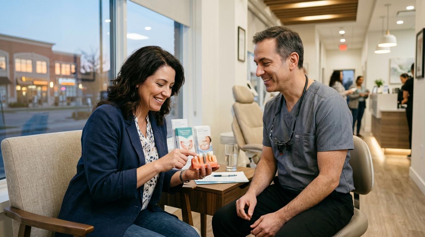 A patient and a dentist discussing a dental implant using a model.