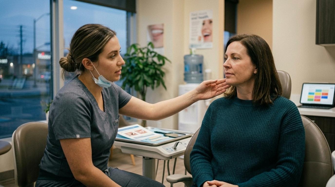 Adult practicing proper tongue placement and lip seal exercises for myofunctional therapy at Markham Dental.