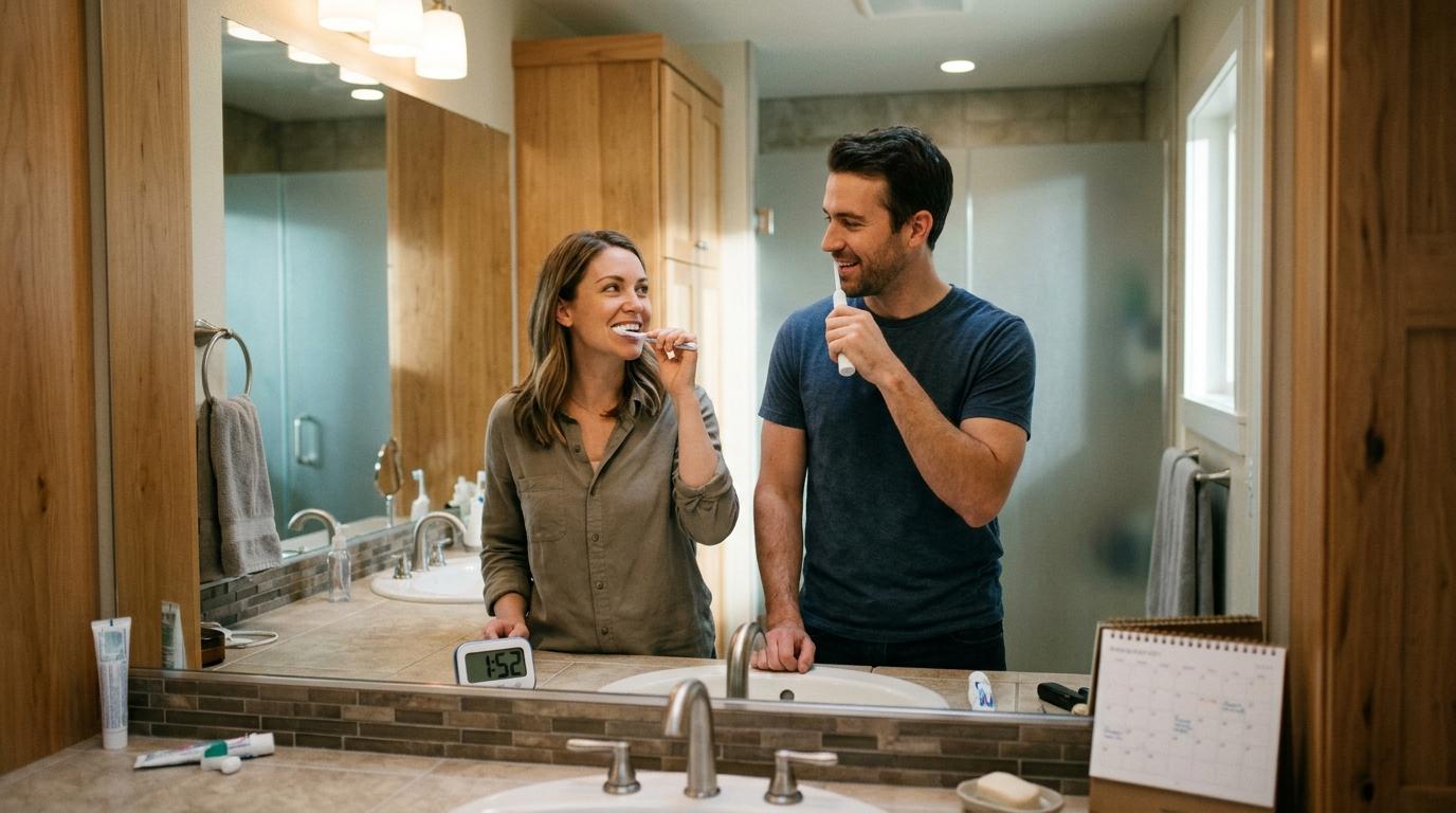 Adults brushing their teeth, illustrating the dental care routine of brushing twice daily for 2 minutes to maintain healthy teeth.