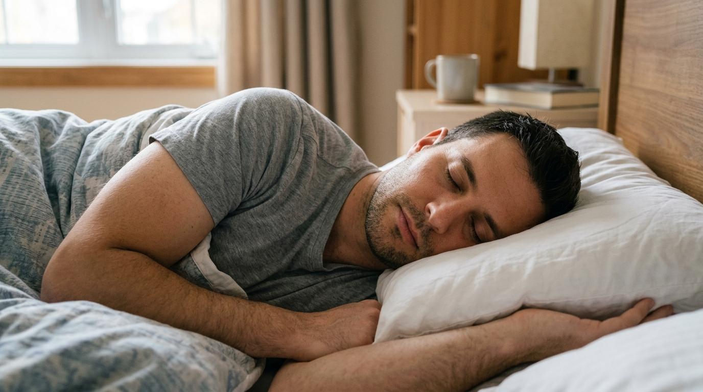 An adult sleeping on their side in bed.