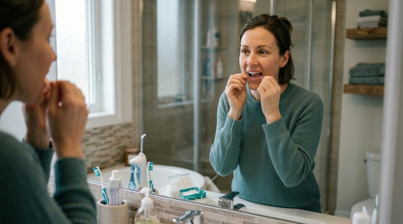 An adult using dental floss to clean between their teeth for daily oral hygiene care.