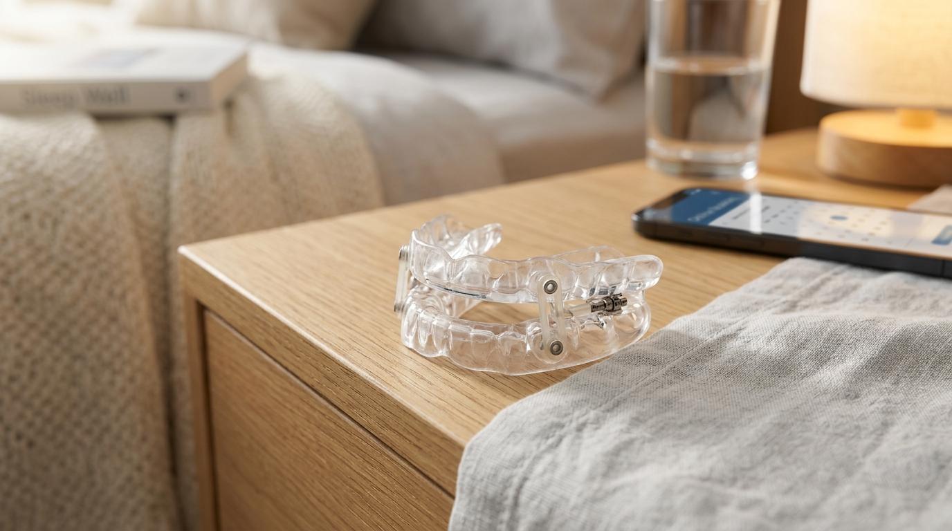Custom oral appliance shifting an adult's lower jaw forward to keep the airway open for sleep apnea treatment in Markham.
