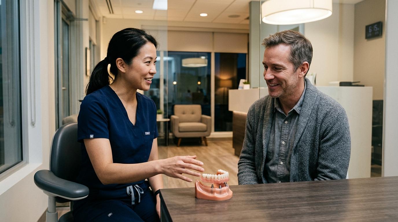Two smiling adults are looking at a dentist’s model of the lower set of teeth.